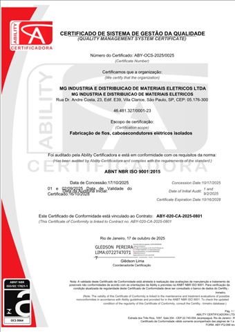 Certificado de Sistema de Gestão da Qualidade ISO 9001:2015